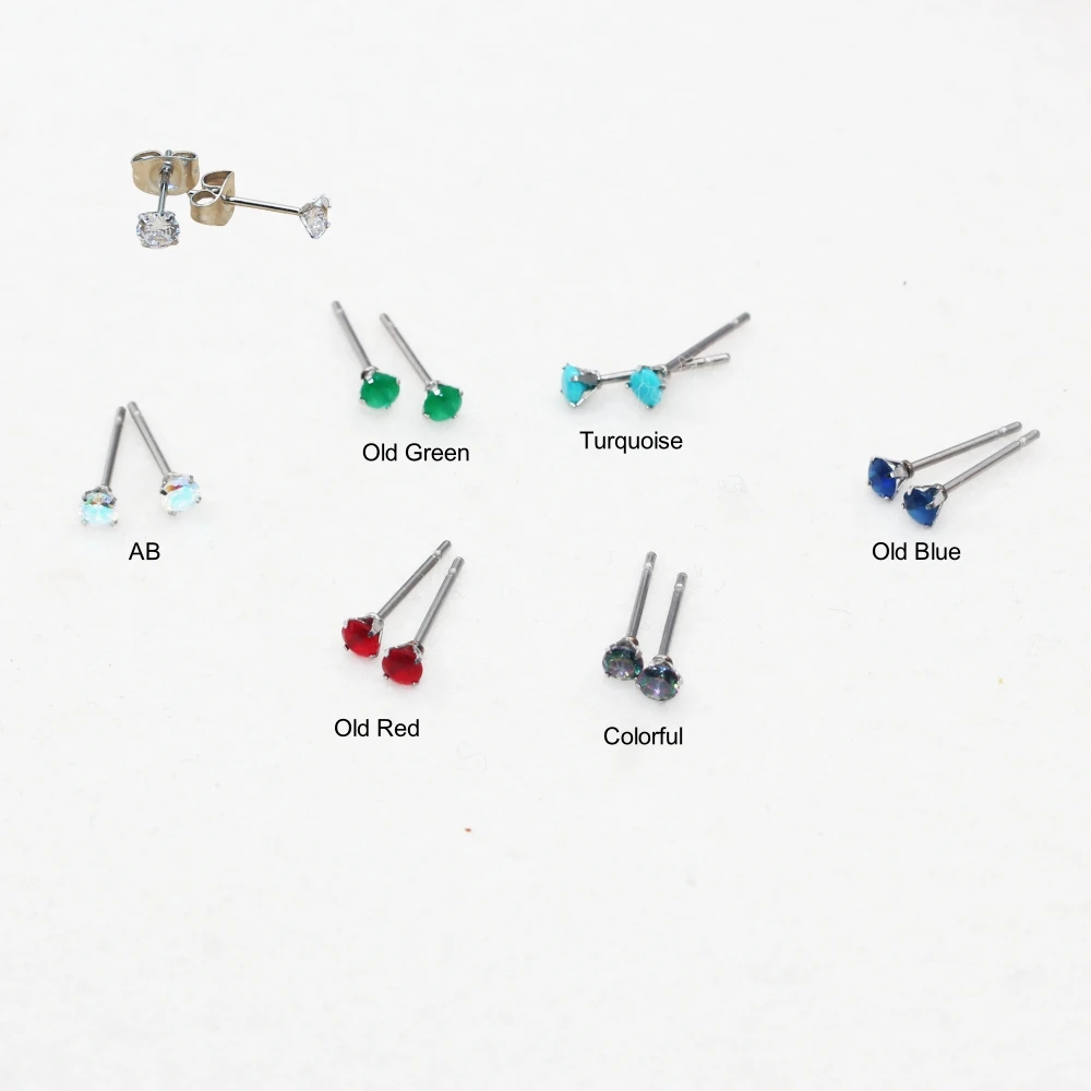 3 mm AAA runde, farbenfrohe Zirkonia-Ohrstecker mit Edelstahlnadel, Vintage-Schmuck, 20 Farben zur Auswahl, antiallergisch. – Detail 1