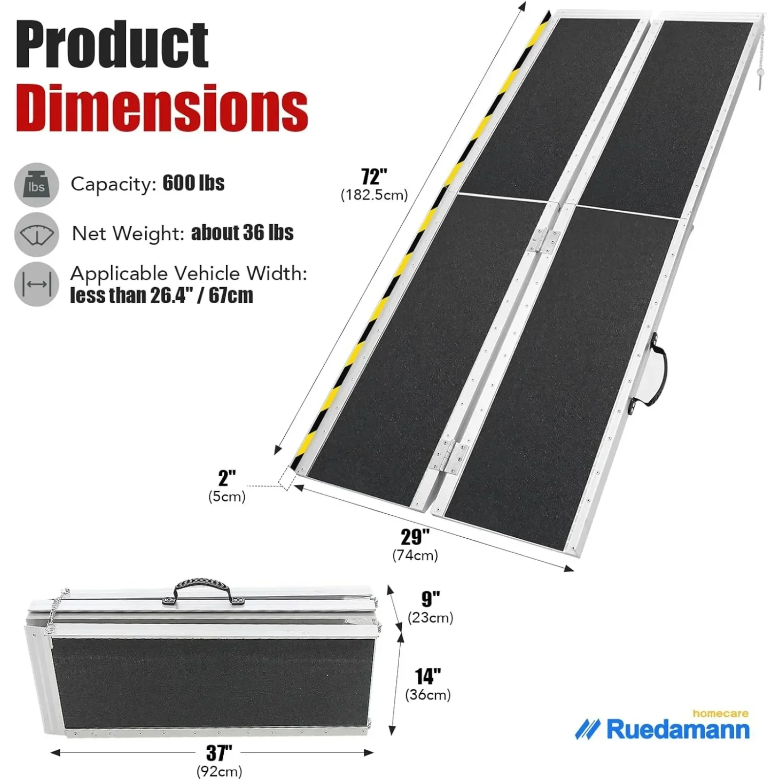 Portable Aluminum Folding Ramp, 600Lbs Capacity, 6'L × 29 