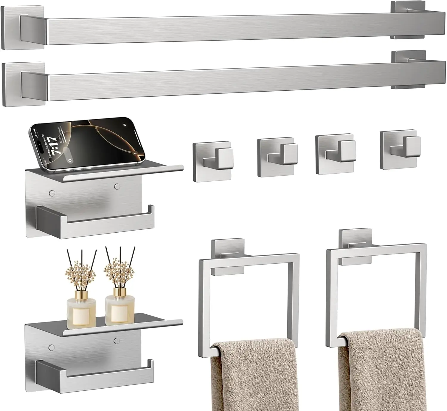 

10-Piece Brushed Nickel Bathroom Accessories Set, SUS304 Stainless Steel Towel Bar Set with Toilet Paper Holder Shelf, Wall