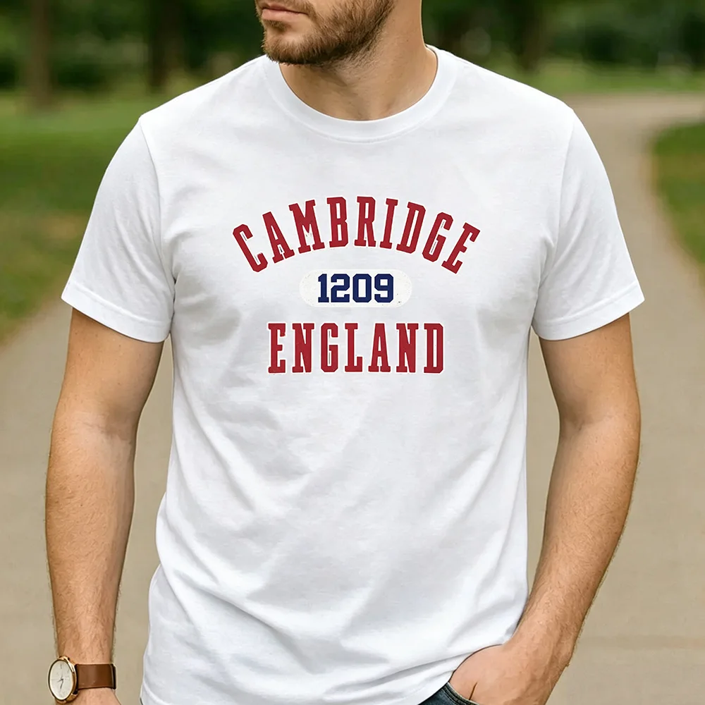 Cambridge England Est 1209 Varsity Letter Graphic T Shirt Unisex Crew Neck Short Sleeve Travel Fan Holiday Gift Tee