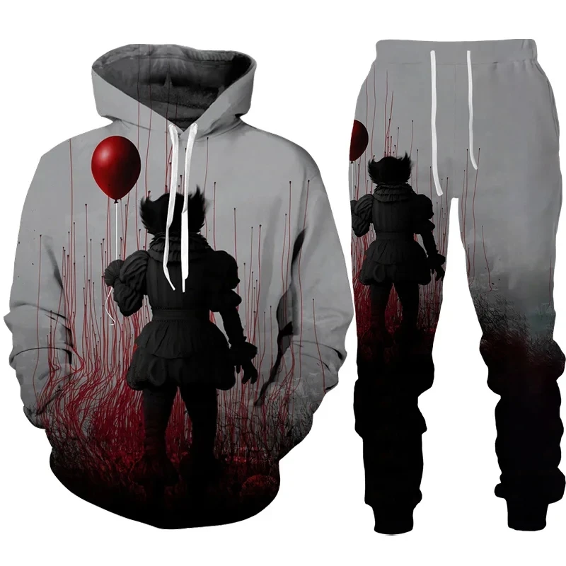 Zabawny Halloween Clown z nadrukiem 3D Bluza i spodnie Zestaw Hip Hop męski / żeński sportowy strój uliczny Zestaw dresów z filmem horroru