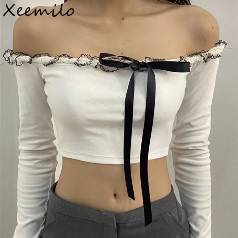 

Xeemilo Y2K Ruffles Slash-neck Tshirt Spring Autumn Aesthetic Bow Lace Up Long Sleeve Crop Tops Women Fashion Skinny Slim Tees