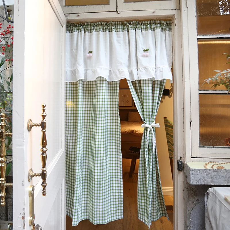 American Style Country Cotton Curtain Green Grid Bedroom Door Curtain No Punching Required Fabric Art Rod Mounted Semi-Curtain