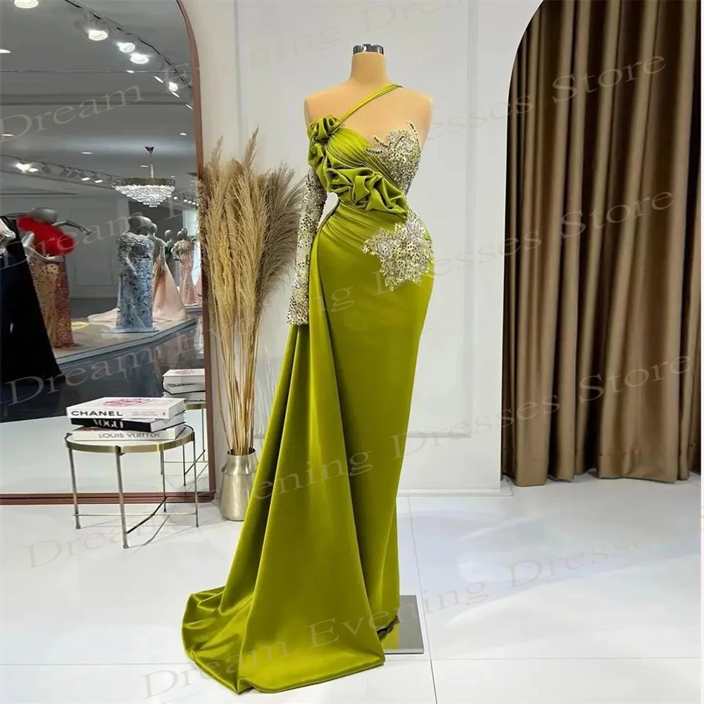 Modern Green Women\'s Mermaid Elegant Evening Dresses One Shoulder Beaded Customized Prom Gowns Vestidos Para Eventos Especiales