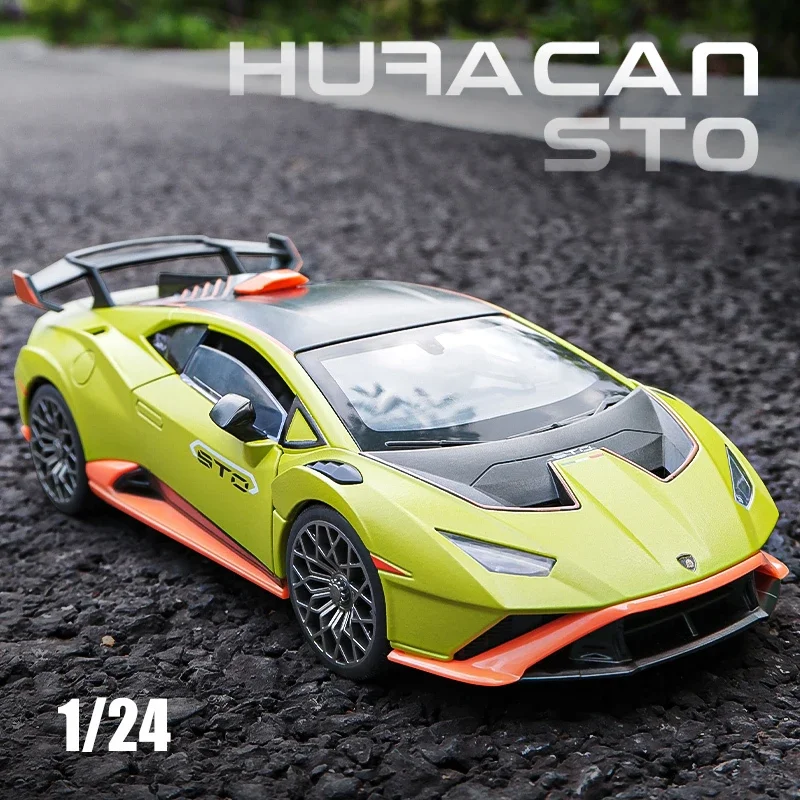 1:24 Lambos Huracan STO Alloy Die Cast Toy Car Model Sound and Light Pull Back Children's Toy Collectibles Birthday gift