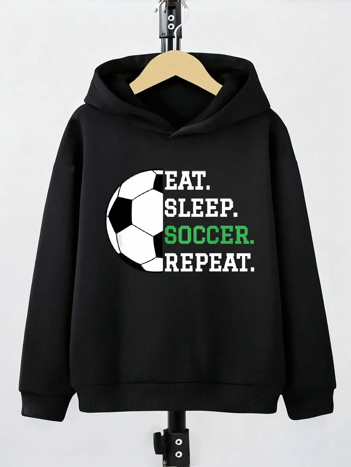 Jersey informal para niños con estampado de letras y fútbol, camiseta deportiva con capucha, adecuada para diferentes grupos de edad