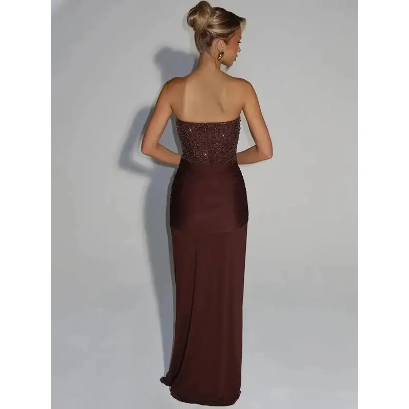 Brilho fora do ombro sexy maxi vestido feminino elegante glitter sem alças sem costas sem mangas drapeado ruched clube vestido de festa