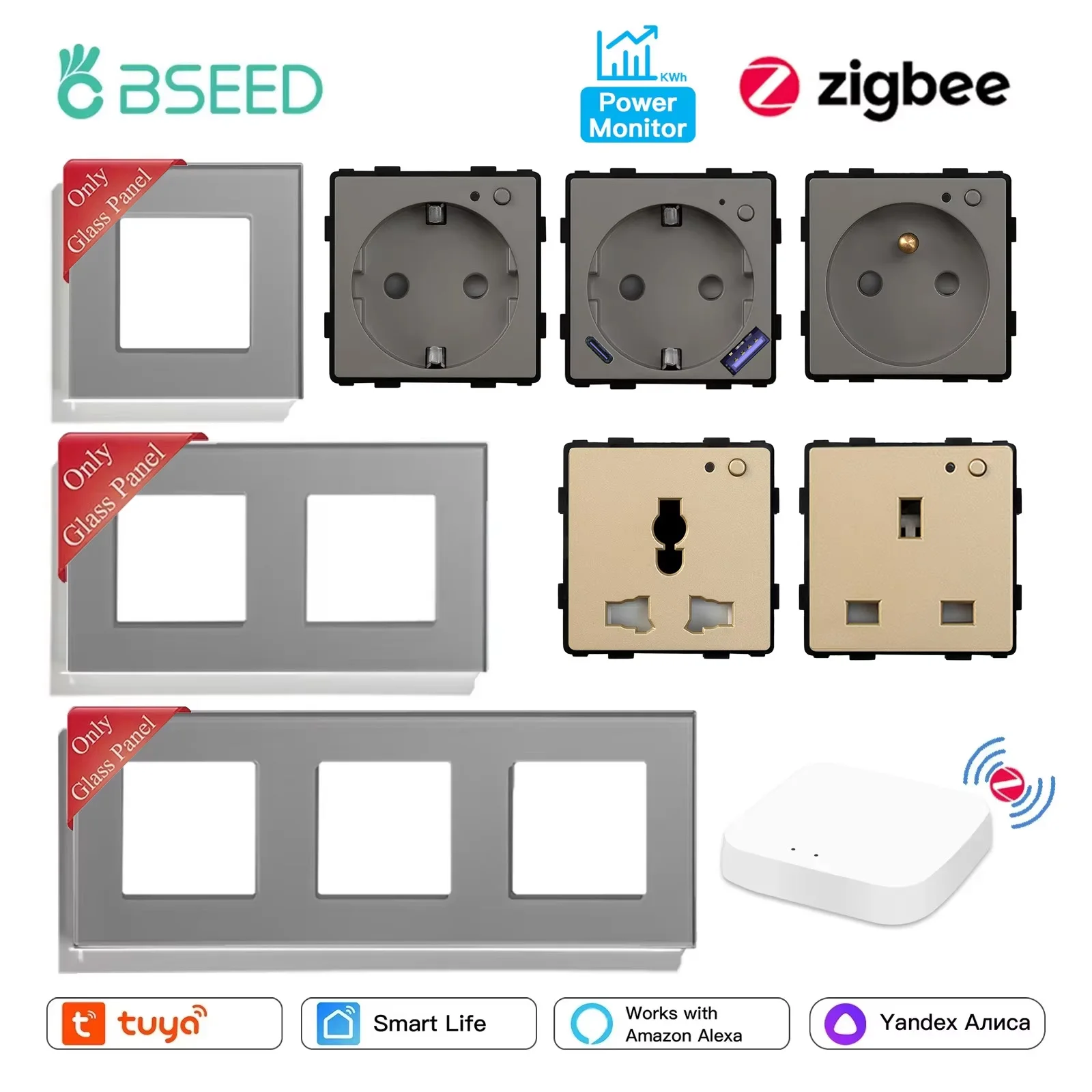 BSEED Zigbee EU/FR/UK/MF Universal Power Socket Smart Plugs Energy Monitor Tuya Smart Life Glass Frames DIY Parts Free Combine