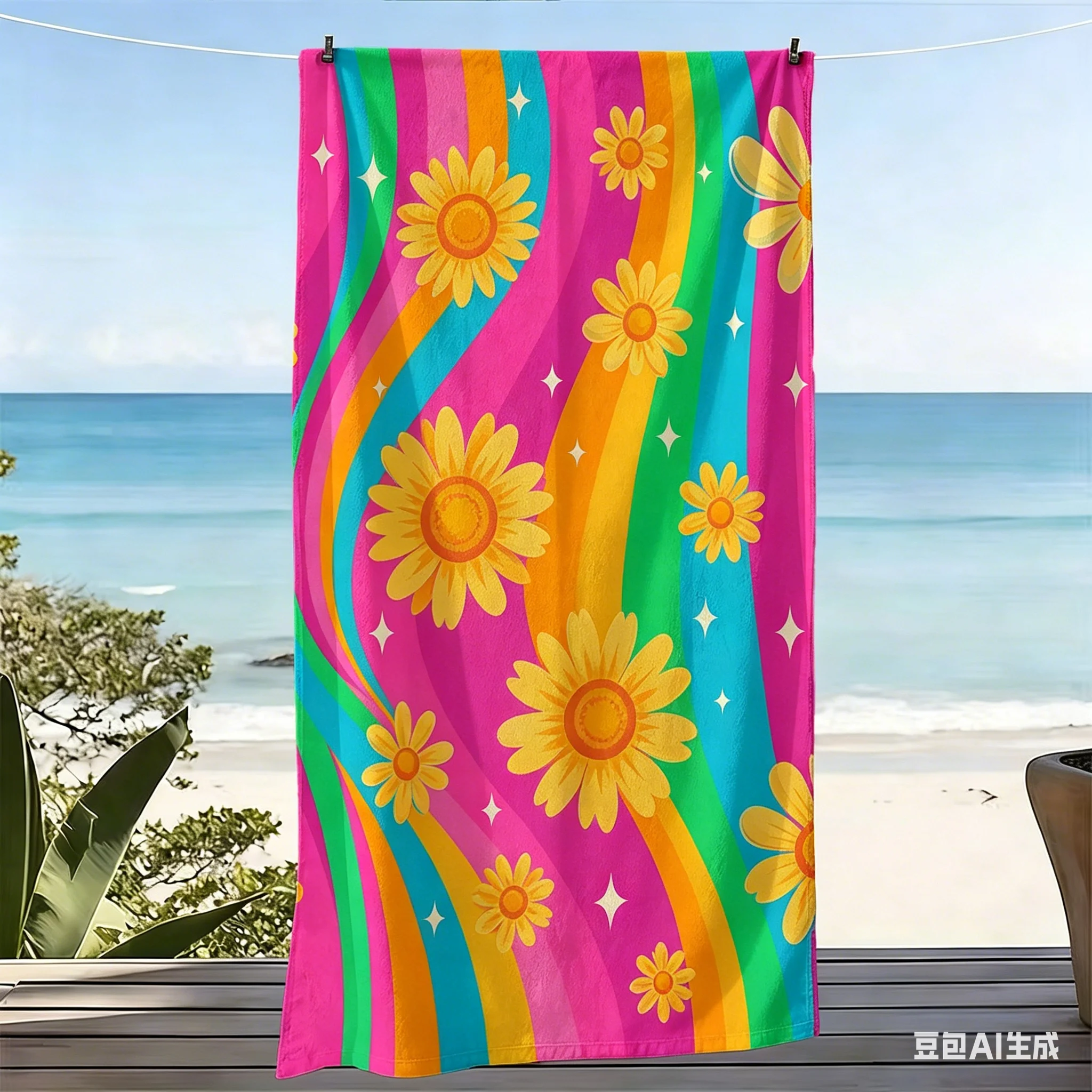 Vibrant Rainbow Summer Towel Large Beach Towel Microfiber Pool Towel Quick Dry Daisy Print Absorbent Oversized Vacation Blanket