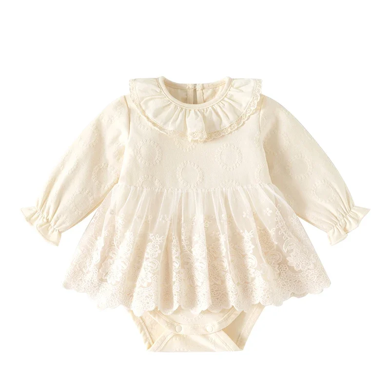 2025 New Autumn Newborn Baby Girls Bodysuits Long Sleeved Cotton Lace Splicing Infant Baby Girls Jumpsuit 0-24M Baby Clothing