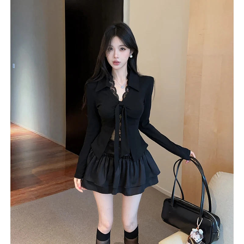 Pure Desire Sexy Black Lace Shirt Puffy Short Skirt Fake Two-Piece Women's Autumn Top College Style Fashion Two-Piece Set