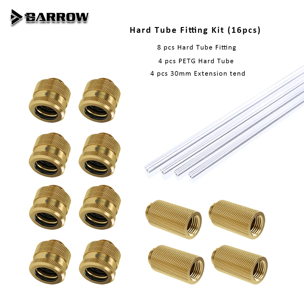 Barrow PETG Hard Tube Fitting Kit use for OD12mm/14mm/16mm /4pcs PETG Tube/ 4pcs 30mm Extend Fitting / 8pcs Hard Tube Fitting