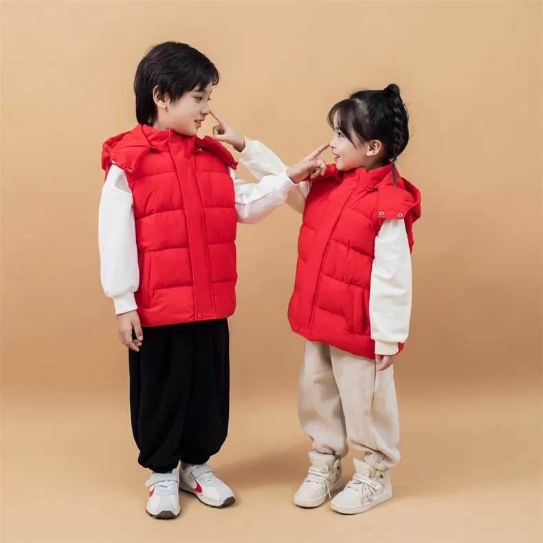 Kids' Black Hooded Padded Vest Casual Sleeveless Jacket Suitable For Boys And Girls Warm 2025 Winter New Children's Outerwear