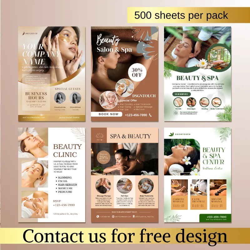DSGNTOUCH 500 pcs Custom Beauty Salon Flyer Printing A5 A6 Size 115g Uncoated 180g Glossy Matte Paper Wholesale for Beauty Salon