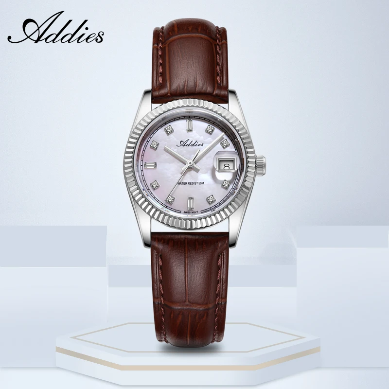 

ADDIES Women's Quartz Watch 28mm Czech Rhinestones Mother-Of-Pearl Dial Luxury Watches Sapphire 50m Waterproof Steel Watch New