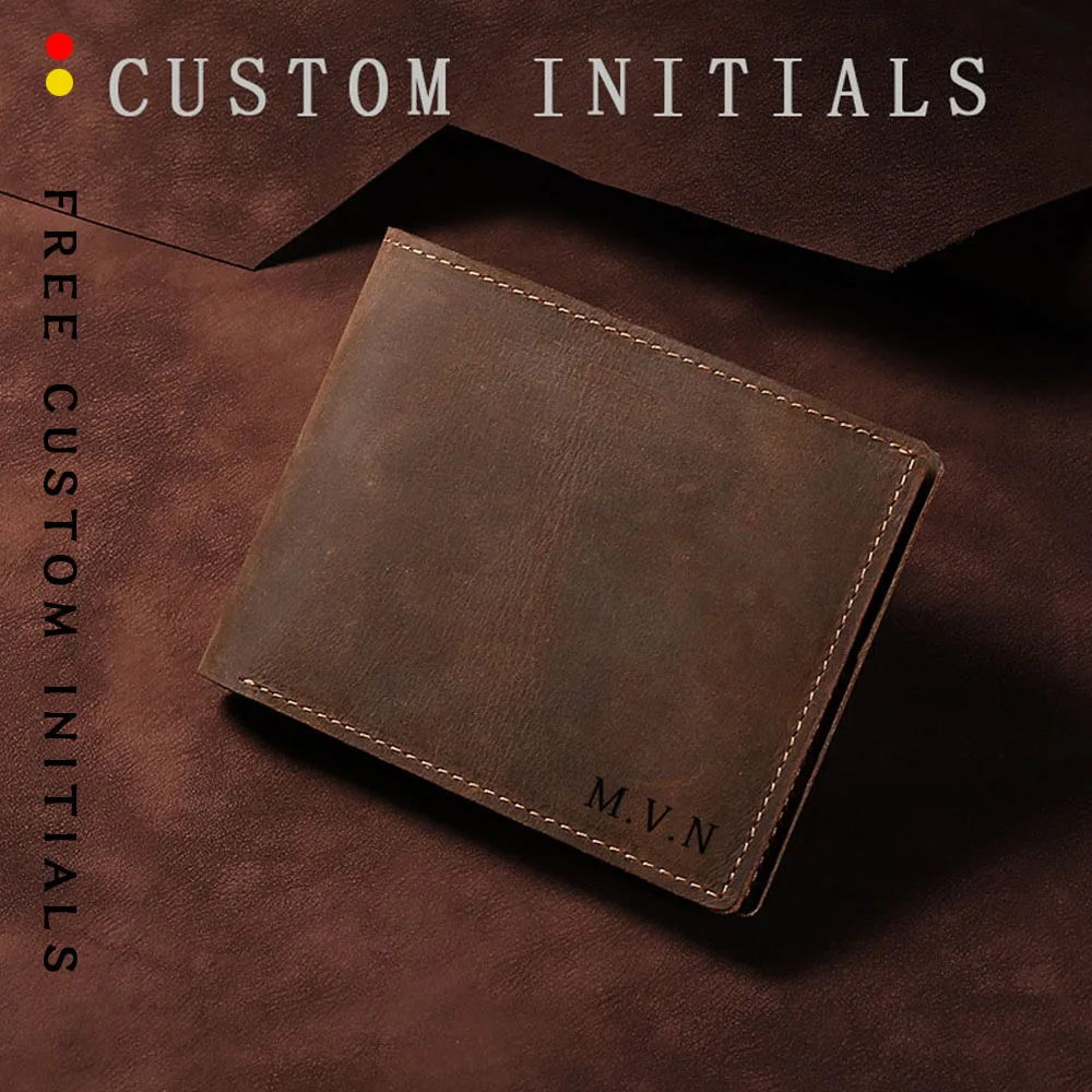 Free Custom First Letter Retro Crazy Horse Leather Wallet Ultra-thin Leather Coin Wallet Fashionable Men's Short Money Set 2025