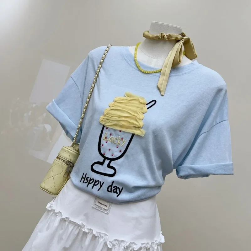 Women Korean Loose Ice Cream Embroidery Short Sleeve T Shirt Casual Basic Daily Tees S-XXL - view 3