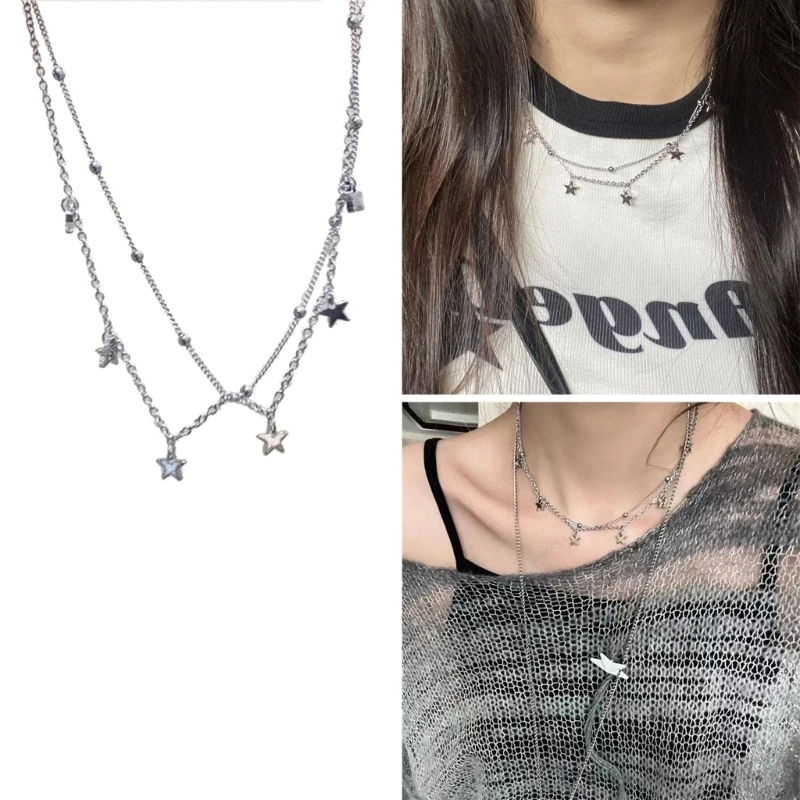 Star Beaded Link Necklace Stylish Accessory Double Laye Elegant Neck Jewelry Y2K Star Necklace for Fashionable Females