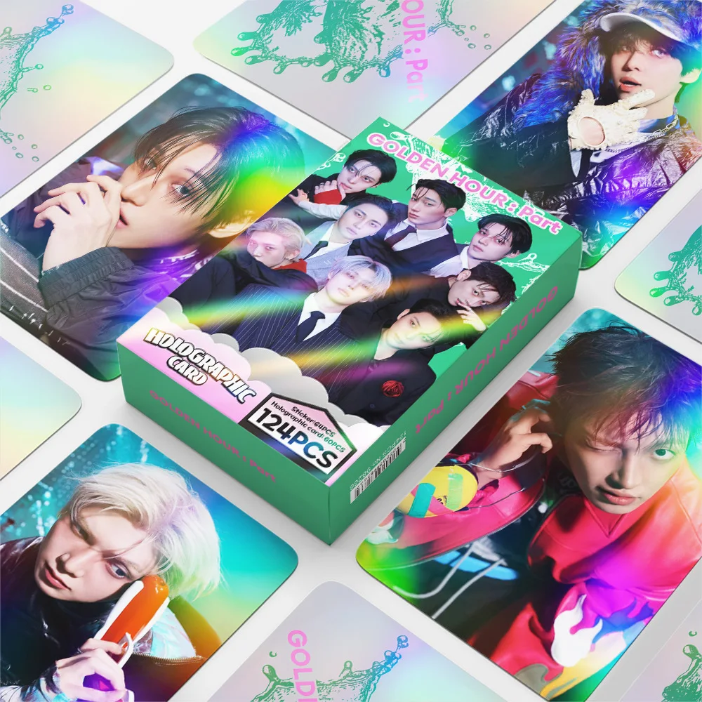 124Pcs/Set ATEEZ New Album GOLDEN HOUR Part.5 Laser Card Lomo Cards Stickers Seonghwa Hongjoong Yunho Mingi Hongjoong Fans Gifts