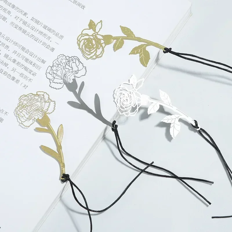 Carnation Rose Metal Bookmark Stainless Steel Gold Plated Hollow Thank You Teacher's Day Greeting Card School Supplies