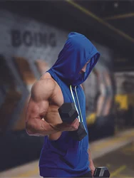 Sports vest, European and American summer men's bodybuilding muscle type sports, leisure fitness hooded vest, iron rolling train