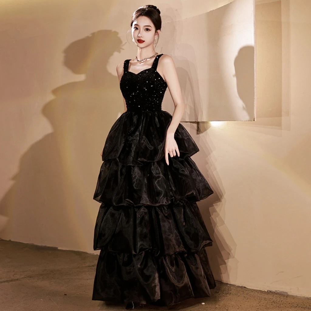 

Black Princess Celebrity Dress Sling Square Collar Sleeveless Tulle Tiered Backless Hepburn Formal Evening Party Cake Gowns New