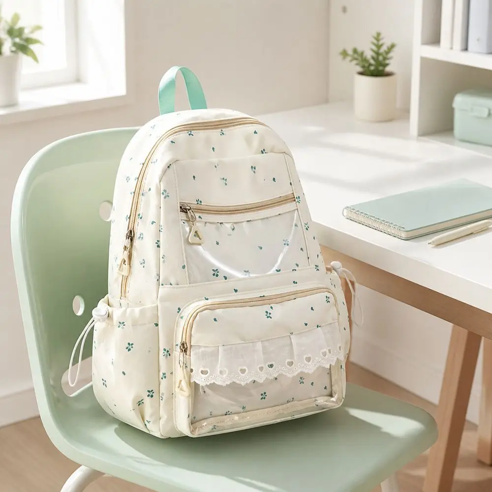 Lace Trim Student Schoolbag Large Capacity Soft Nylon Book Bags Multiple Pockets Lightweight Lace Bow Backpack For Women Girls