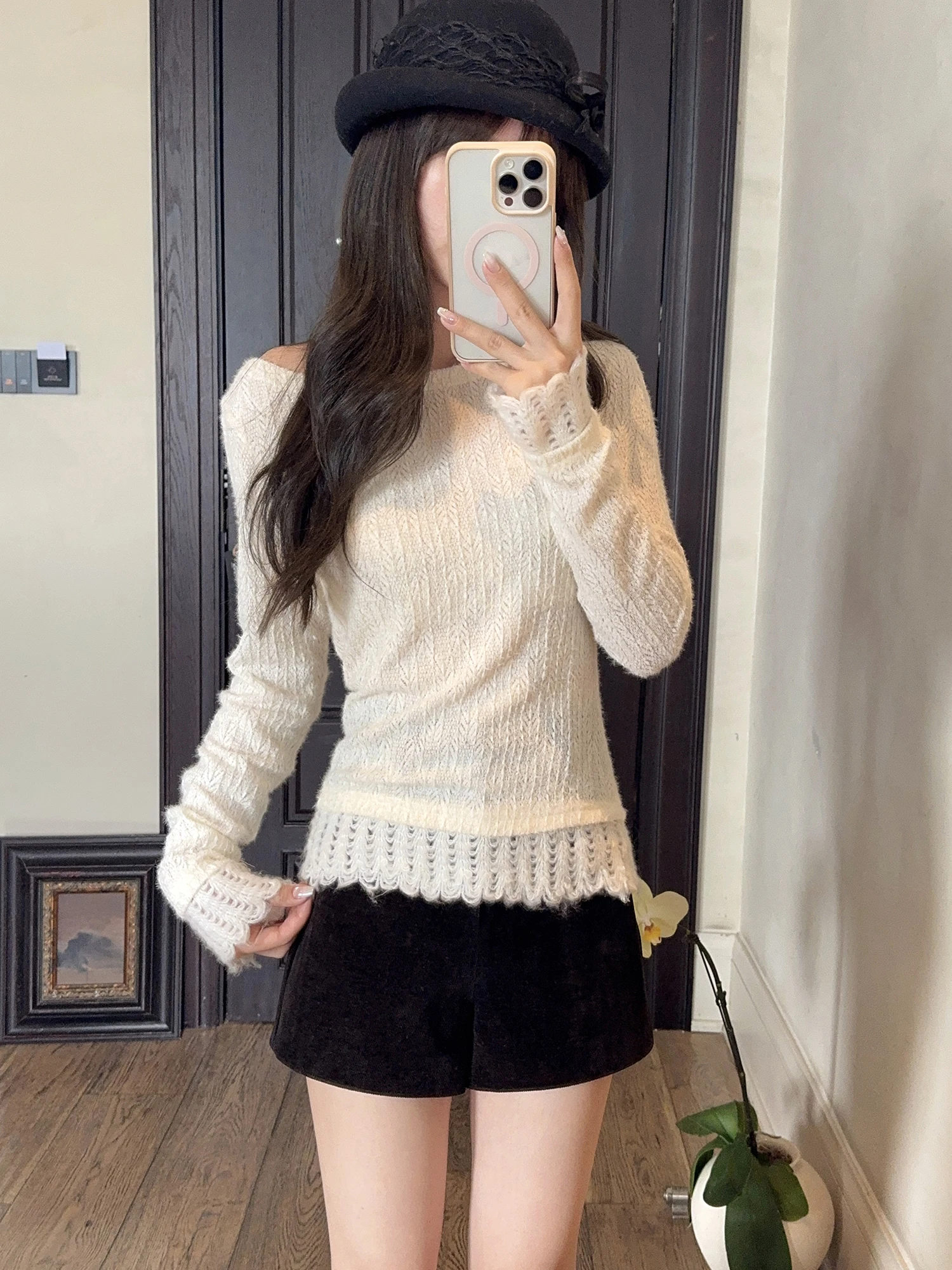 

Женский трикотажный свитер с длинным рукавом, кружевными вставками и меховой отделкой, базовый слой для осени и зимы