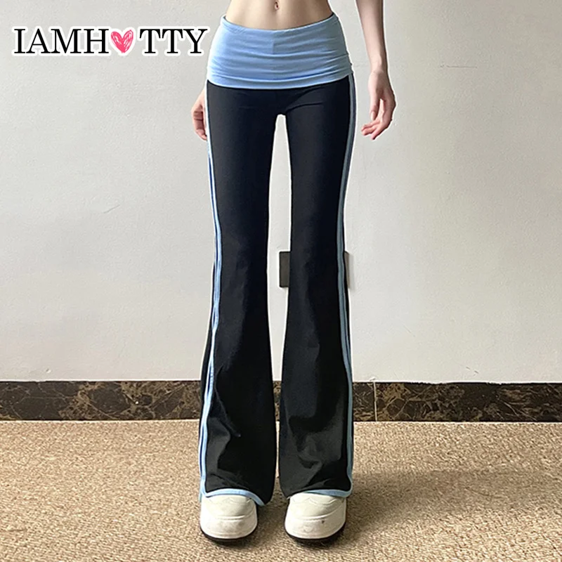 

IAMHOTTY Y2K Side Striped Flared Pants Women Streetwear Contrast Color Patchwork Bootcut Sweatpants Retro Trousers Low-waist