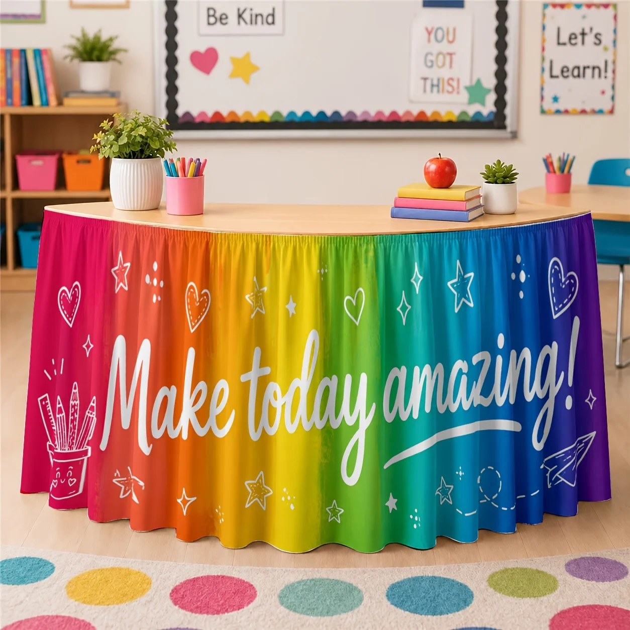 1 piece of table skirt, table dress, print, vibrant rainbow gradient, cheerful and inspiring, creative and fun