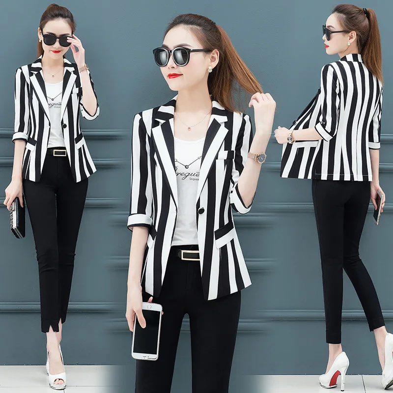 Casual Blazer Fashion Black and White Suit 2024 Spring Autumn Women Blazers Coat New Ladies Temperament Casual Striped Jacket