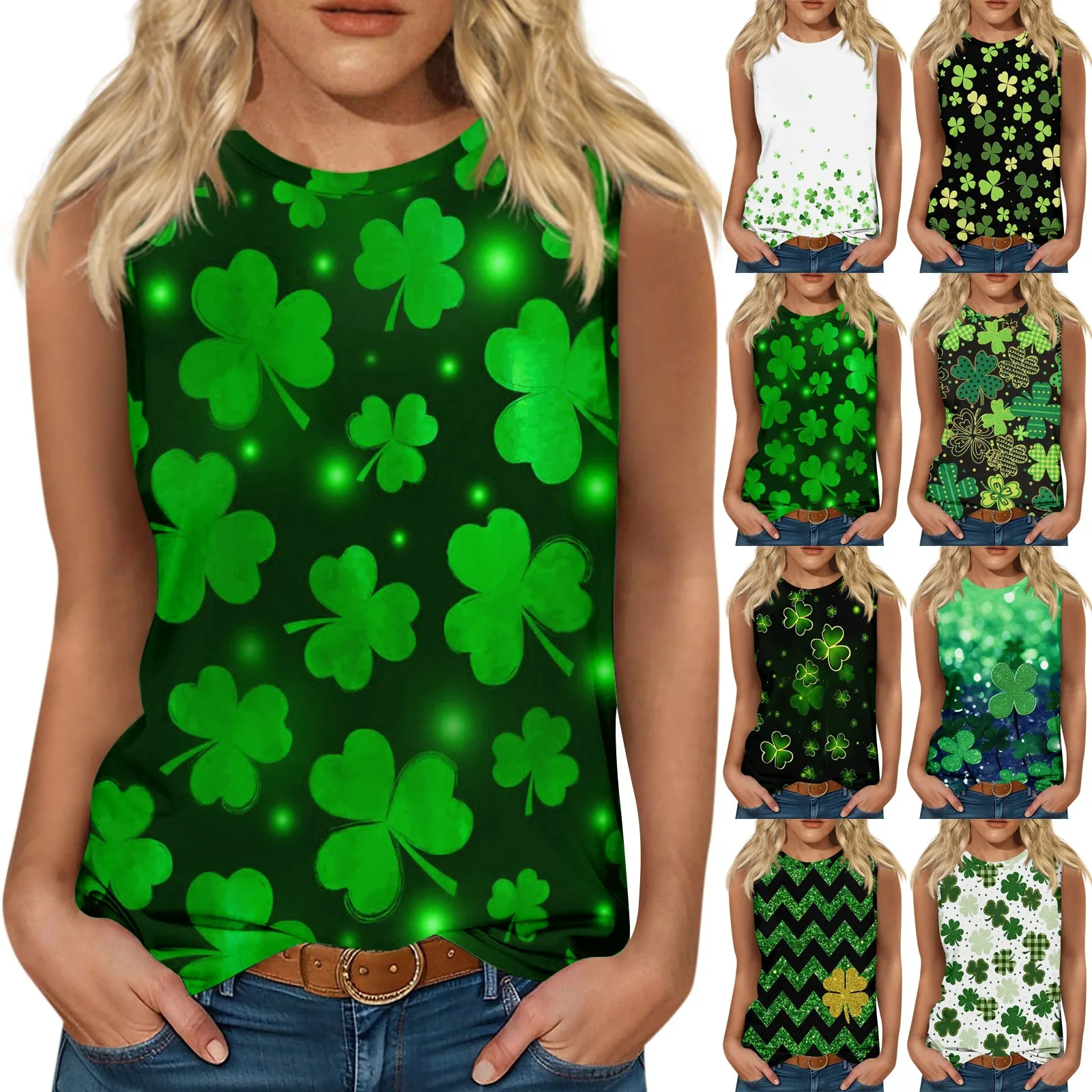 Summer Women Clothing Round Neck Pattern Printing Simple Loose Sleeveless T-shirts Clovers Top Casual Sexy Female Camisole