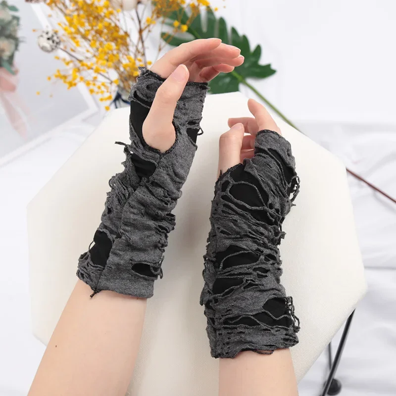 1Pair Broken Slit Gloves Punk Gothic Black Fingerless Unisex Hole Ninja Mittens Women Men Ripped Holes Decor Cosplay Long Gloves