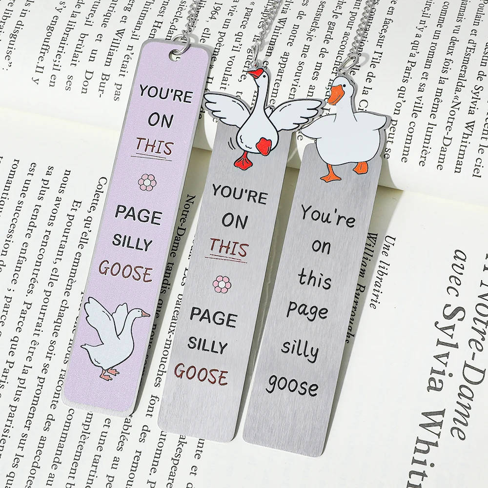 

Silly Goose Metal Bookmarks Silver Lavender Page Markers with Duck Charm Chain, Red Accent Letters & Floral Decor for Book Lover