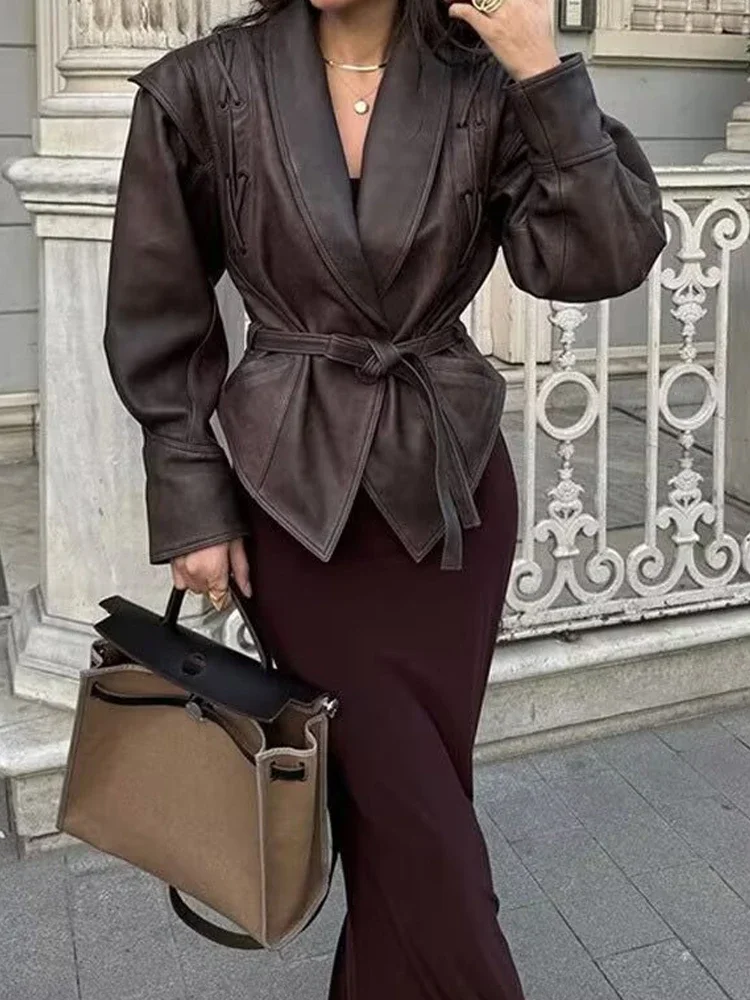 

Summer new women's clothing European and American style French design sense fashion retro single-breasted belted leather jacket