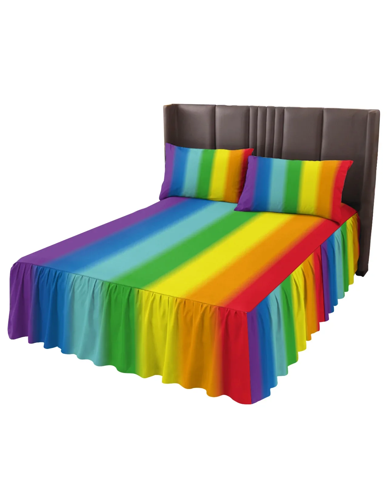 Rainbow Colorful Stripes Bed Skirt Elastic Fitted Bedspread With Pillowcases Bed Protector Mattress Cover Bedding Set Bed Sheet