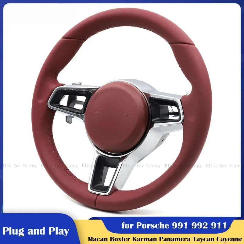 Volante de Cuero Rojo para Automóvil, Compatible con Porsche Macan, Panamera, Taycan, Cayenne, Cayman, 718, 991, 992, 911, Boxster, Karmann