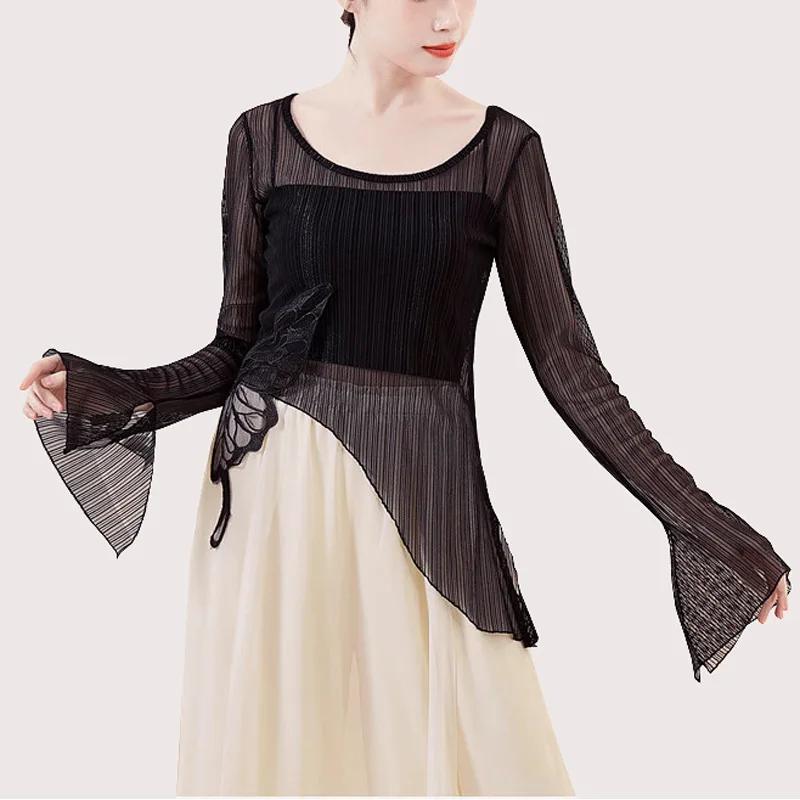 사용자 정의 여성 성인 재즈 현대 무용 의상 우아한 나비 레이스 메쉬 탑 연습 복장 섹시한 관점 레이브 disfraces