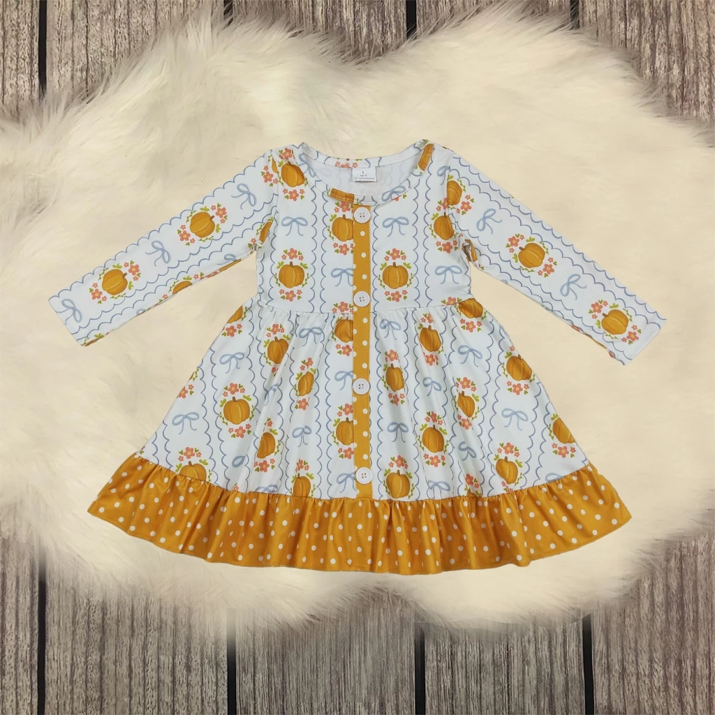

Baby Girl Dress Cute Infant Toddler Thanksgiving Pumpkin Bows Fall Long Sleeves Dress Button Kids Children Clothes Wholesale