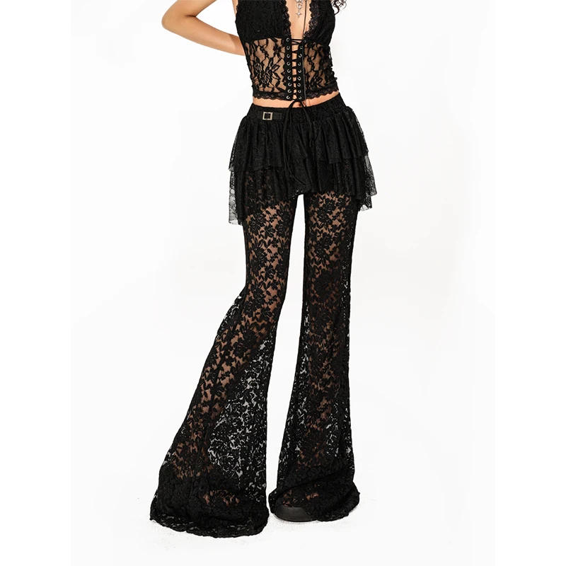 Vintage Gothic Style Black Lace Mesh Women's Bell-bottoms 2025 Autumn New Sexy Jazz Hot Girl Fake Two-Piece Skirt Pants Ladies
