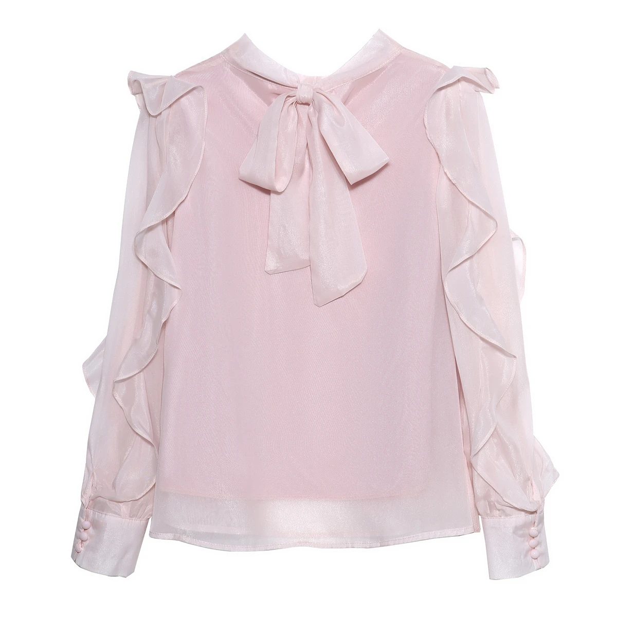 Fashion Ruffles Bow Collar Pink Chiffon Blouse Shirt Women Tops Blouses Blusas Mujer De Moda 2024 Long Sleeve Blouse Women H05