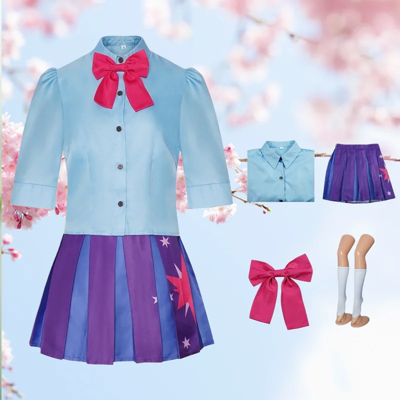 

Anime Rainbow Horse Cosplay Blue Shirt Purple Skirt Full Set School Uniform Dress Stage Performance Costume for Women