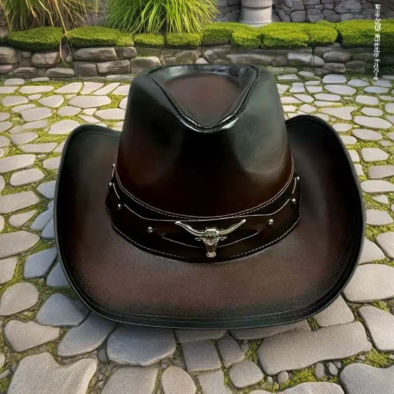 

High Quality Leather Sheepskin Men's and Women's Western Cowboy Hat Fashion Trend Gradient Color Big Brim Sun-Proof Knight's Cap