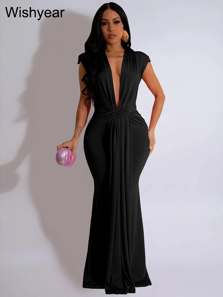 Wishyear Women‘s Elegant Evening Party Sleeveless Deep V-neck Maxi Dress Sexy Bodycon Birthday Night Wedding Gown Vestido Luxury