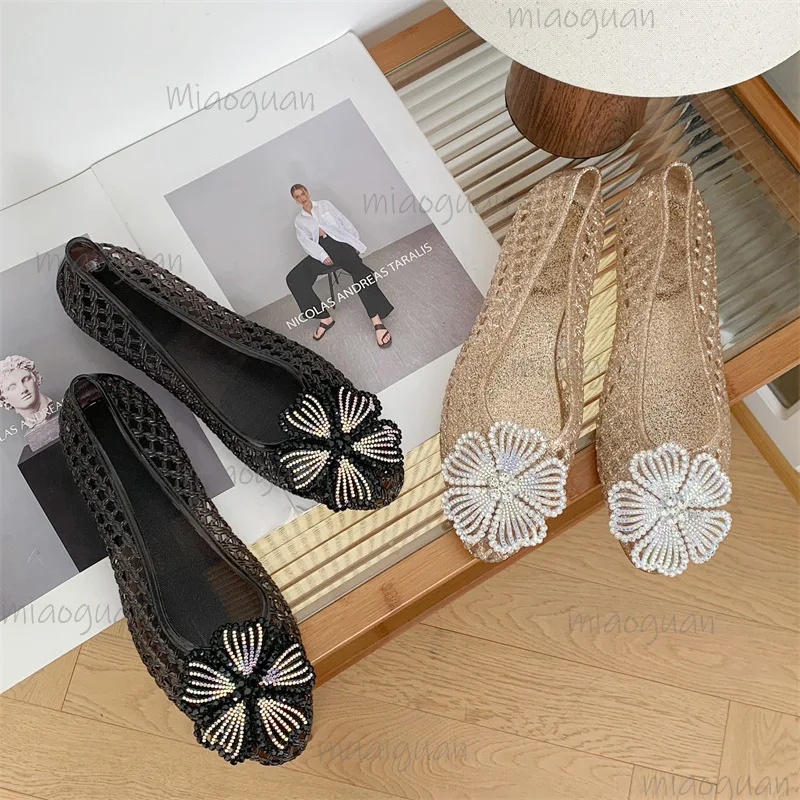 New Crystal Jelly Shoes Sparkling Diamond Flower Pointed Toe Sandals Women's Shallow Mouth Beach VacationTransparent Footwears view 4