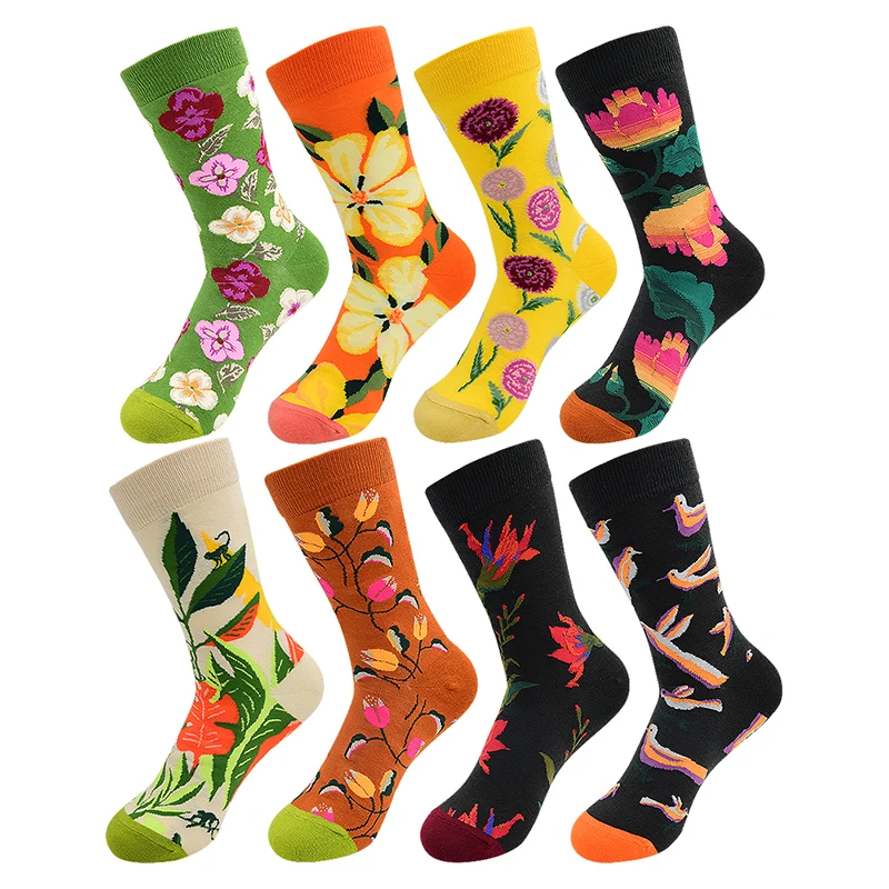 

5 Pairs New Arrivals Combed Cotton Women Socks Unisex Cute Floral Styles 8 Color Happy Funny Casual Female Breathable Crew Socks