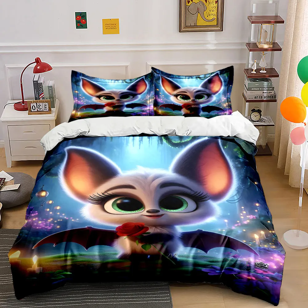 Adorable bat holding red rose Printed Duvet Cover Set 1 Duvet Cover+2 Pillowcase Multi Size Bedroom Bedding Decoration
