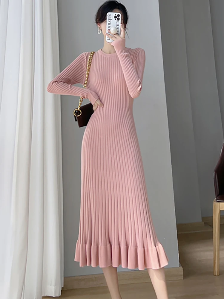 Women Pink Knitted Long Sleeve O-Neck Long Dress Autumn Winter Elegant Ruffled Prom Dresses 2026 Korean Vintage Bodycon Vestidos
