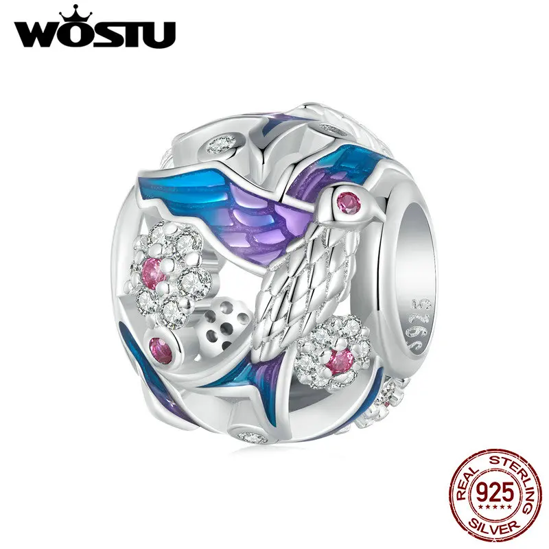 WOSTU Real 925 Sterling Silver Kingfisher Charm Rainbow Color Beads Fit Original Bracelet DIY Necklace Jewelry Making Gift