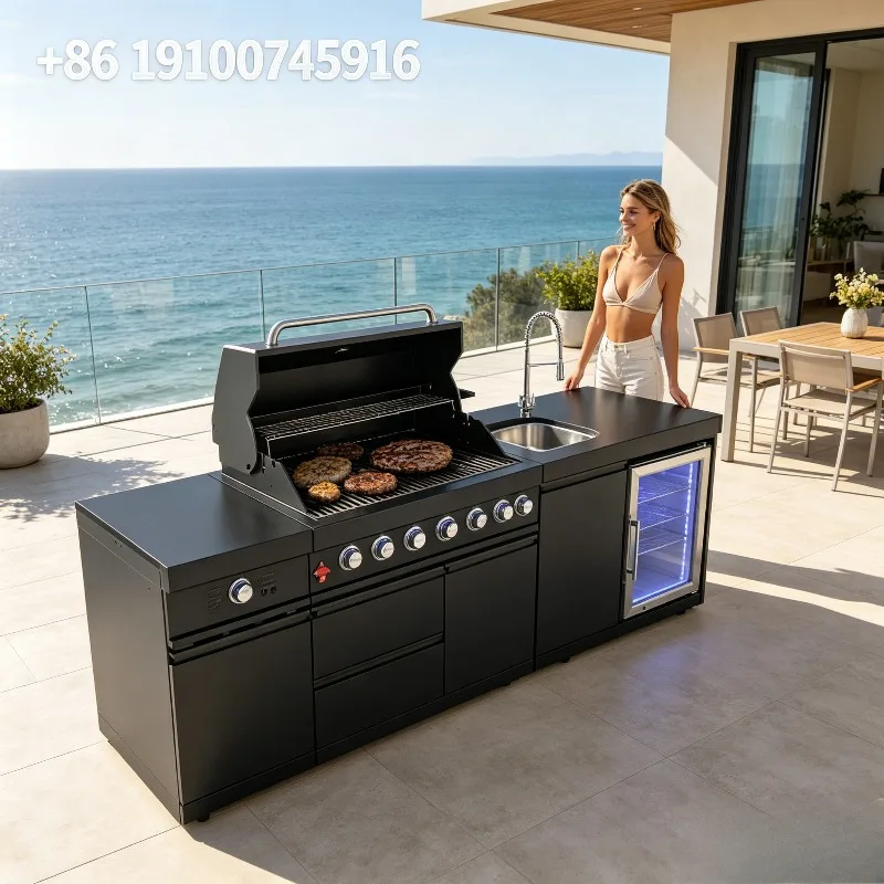 2026Hot Commercial Outdoor Kitchen, Stainless Steel BBQ Grill with Refrigerator & Worktop for Hotel Outdoor Catering